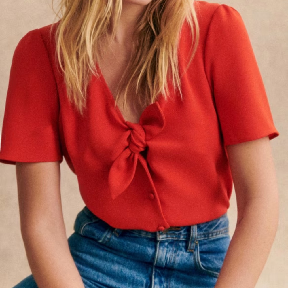 Sezane Red Knot Front Blouse